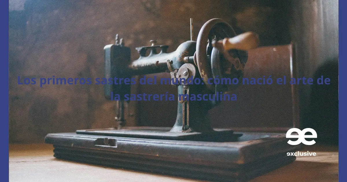 Máquina de coser antigua iluminada por luz natural, símbolo del origen de la sastrería masculina EE Exclusive