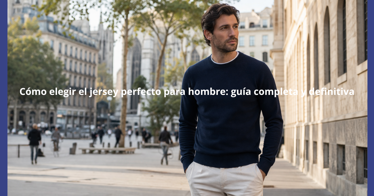hombre con jersey azul marino elegante en ciudad europea estilo urbano primavera