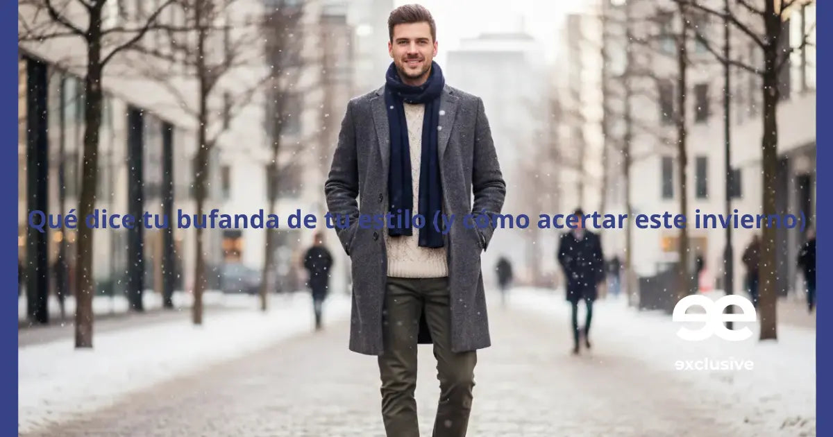 Hombre con bufanda y abrigo en entorno urbano invernal, estilo sobrio y actual