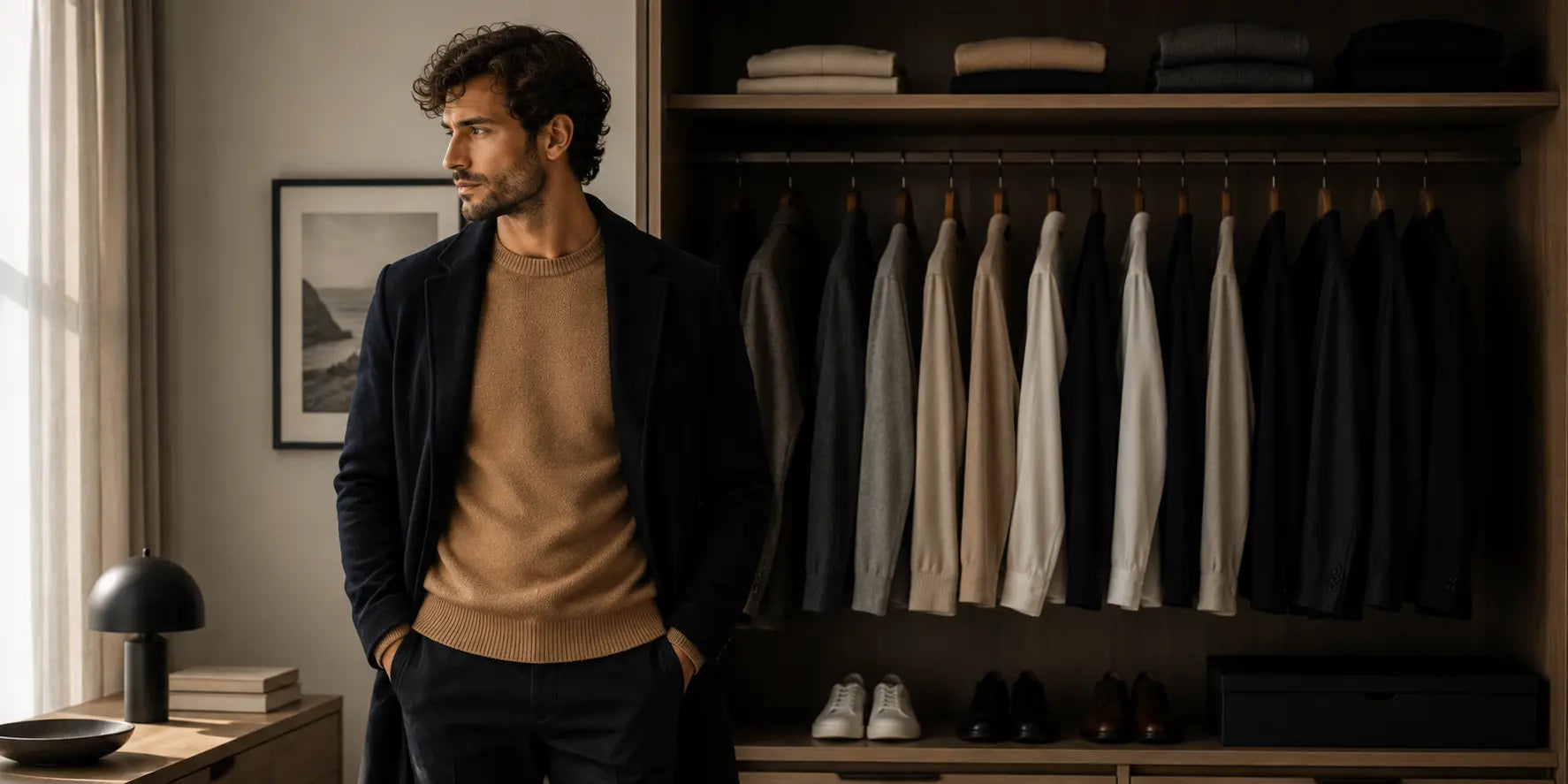 Hombre frente a un armario elegante y minimalista con estilo masculino sofisticado
