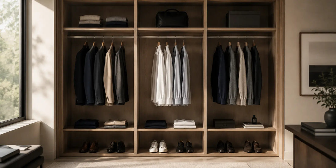 Armario masculino minimalista con prendas seleccionadas y organizadas