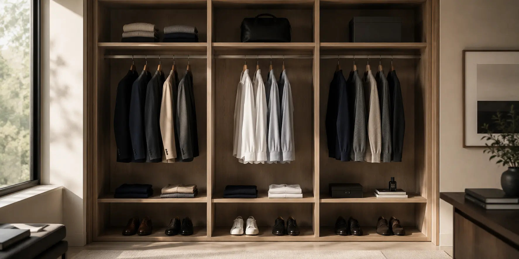 Armario masculino minimalista con prendas seleccionadas y organizadas