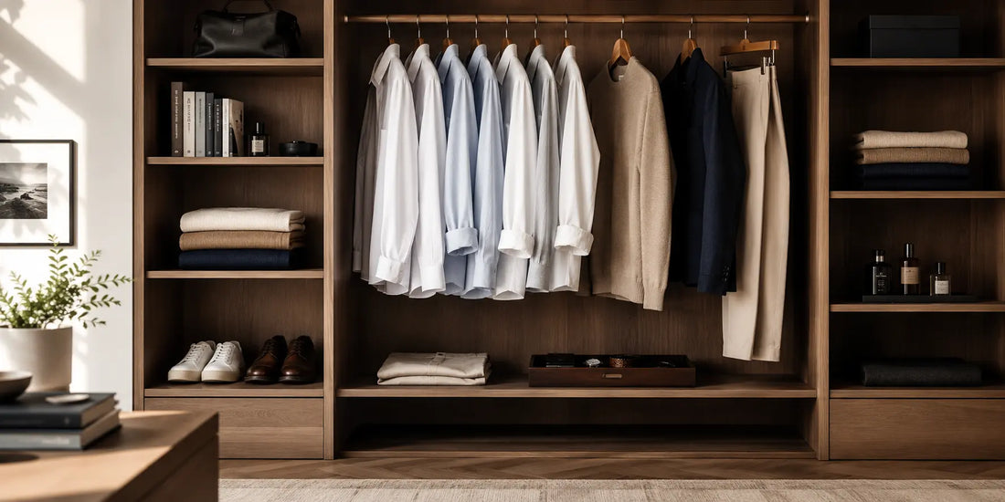 Armario masculino ordenado con ropa elegante y estilo urbano minimalista