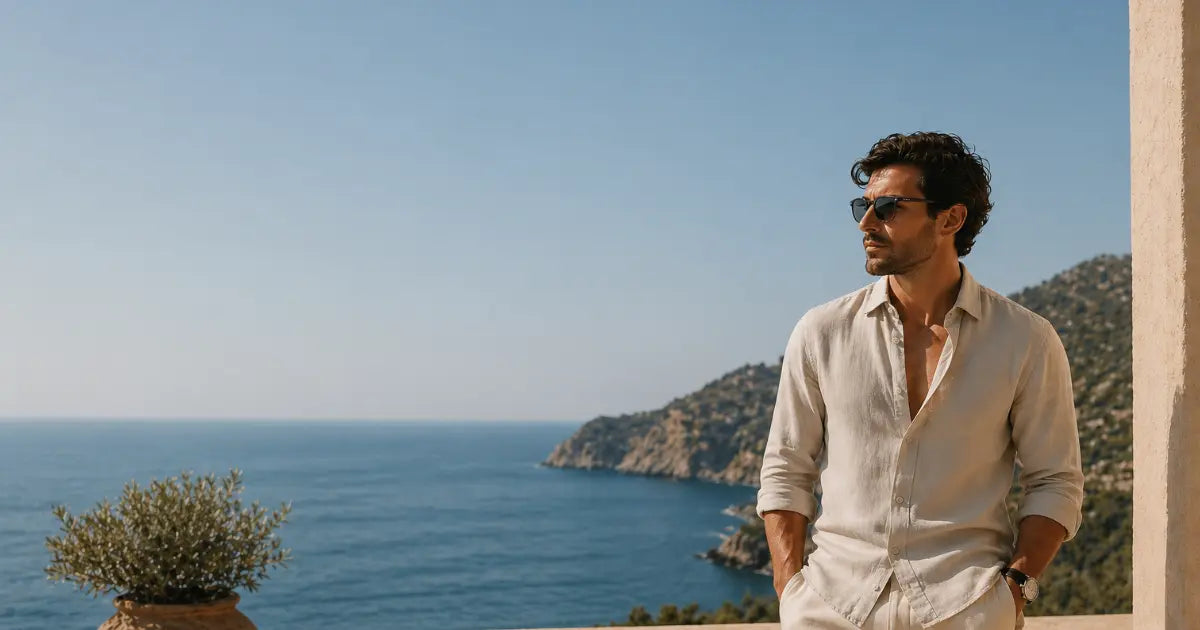 Hombre con camisa de lino elegante y estilo minimalista frente al mar en look de verano fácil de combinar para hombre