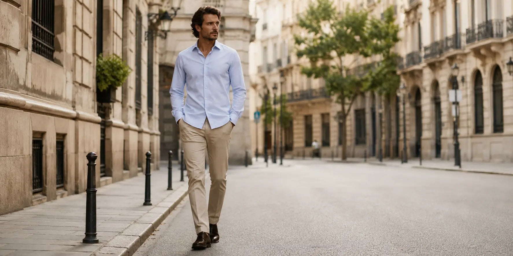 Hombre elegante con estilo minimalista caminando por ciudad europea