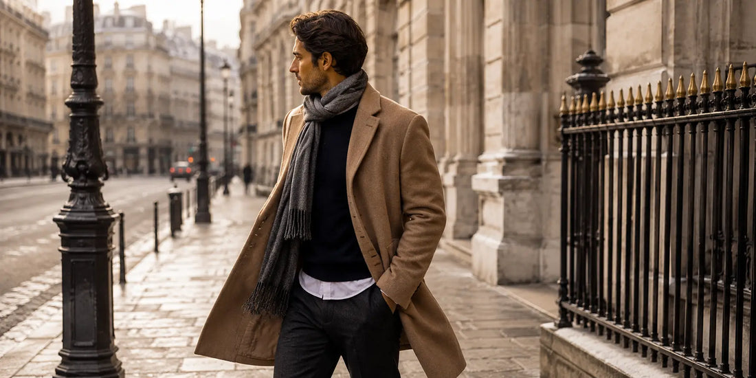 Hombre con abrigo camel y bufanda mostrando un estilo invernal elegante