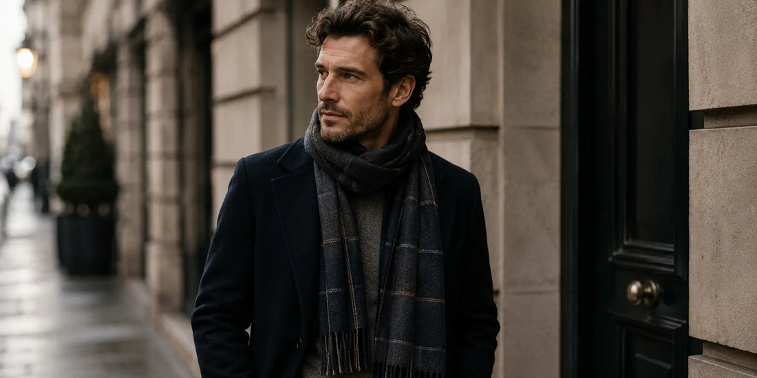 Hombre con bufanda elegante mostrando estilo masculino sofisticado durante el invierno