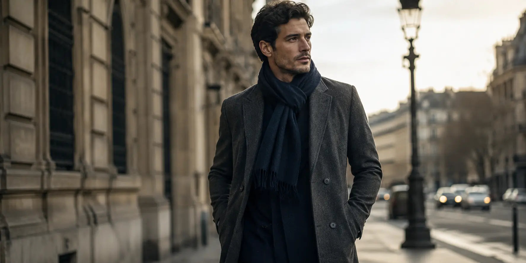 Hombre con bufanda elegante caminando por una ciudad europea en invierno