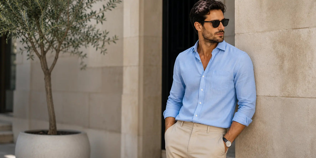 Hombre con camisa azul y pantalón beige en un look elegante y relajado de estilo urbano masculino