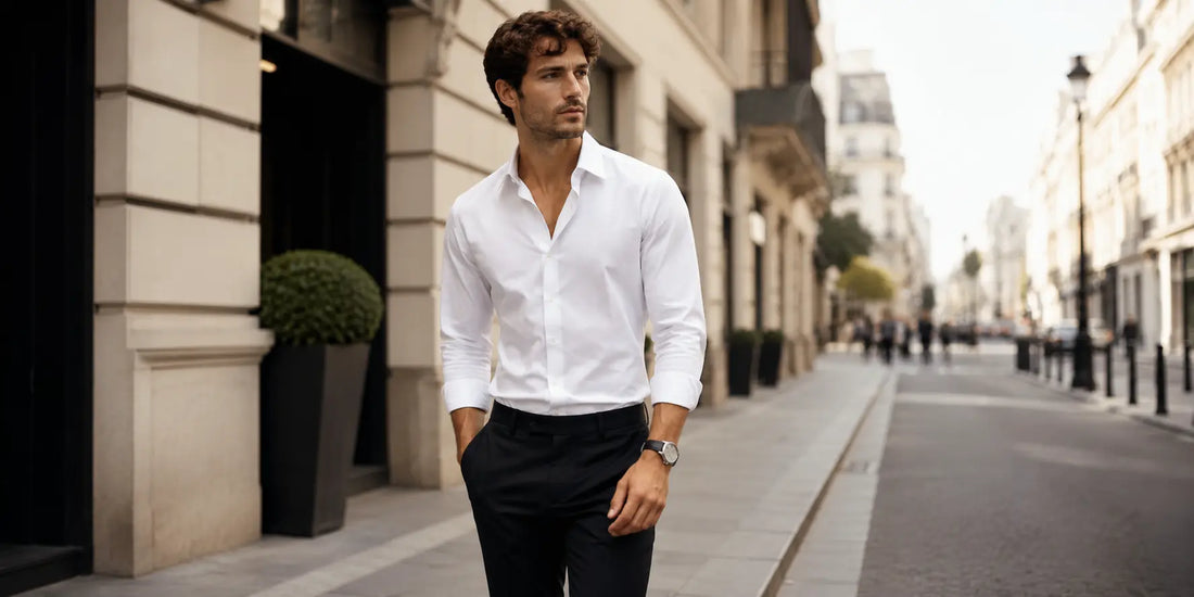 Hombre con camisa blanca elegante y ajuste premium caminando por la ciudad con estilo urbano sofisticado ideal para looks masculinos versátiles