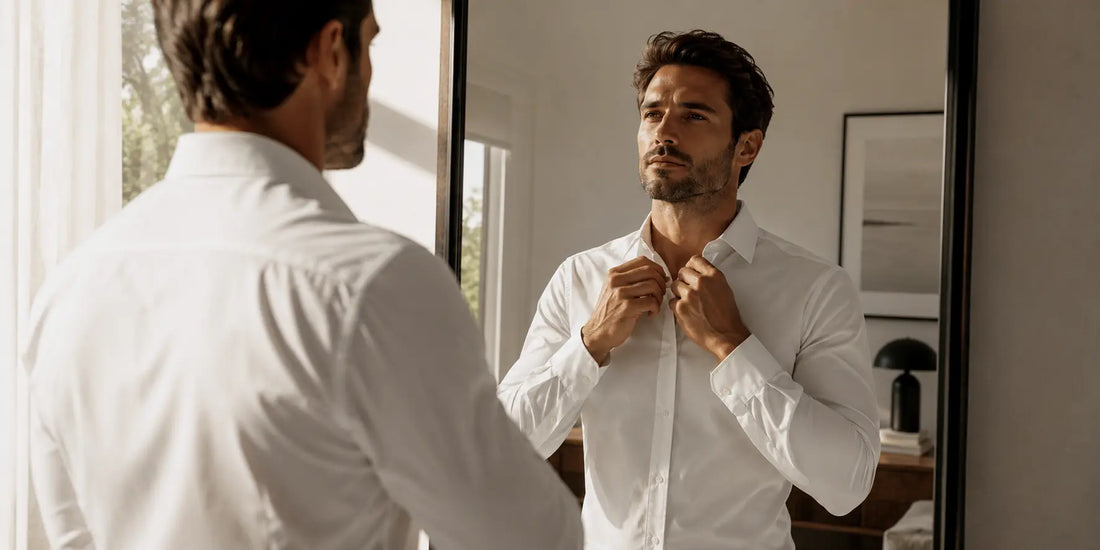 Hombre ajustándose una camisa blanca slim fit frente al espejo en un interior elegante y minimalista con luz natural suave