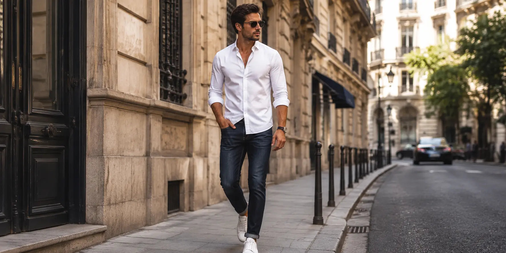 Hombre con camisa blanca y vaqueros azules en un look masculino elegante y relajado