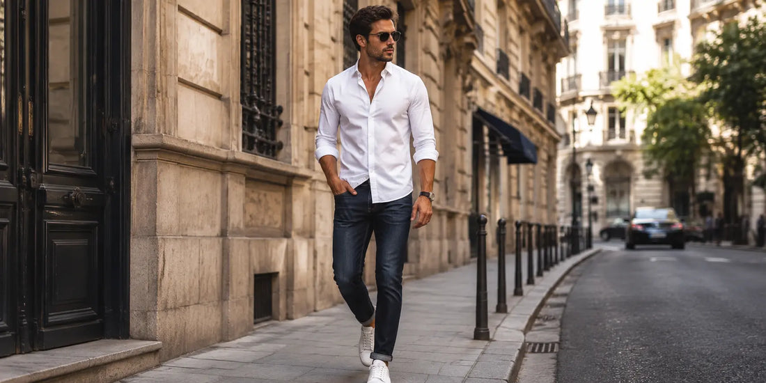 Hombre con camisa blanca y vaqueros azules en un look masculino elegante y relajado