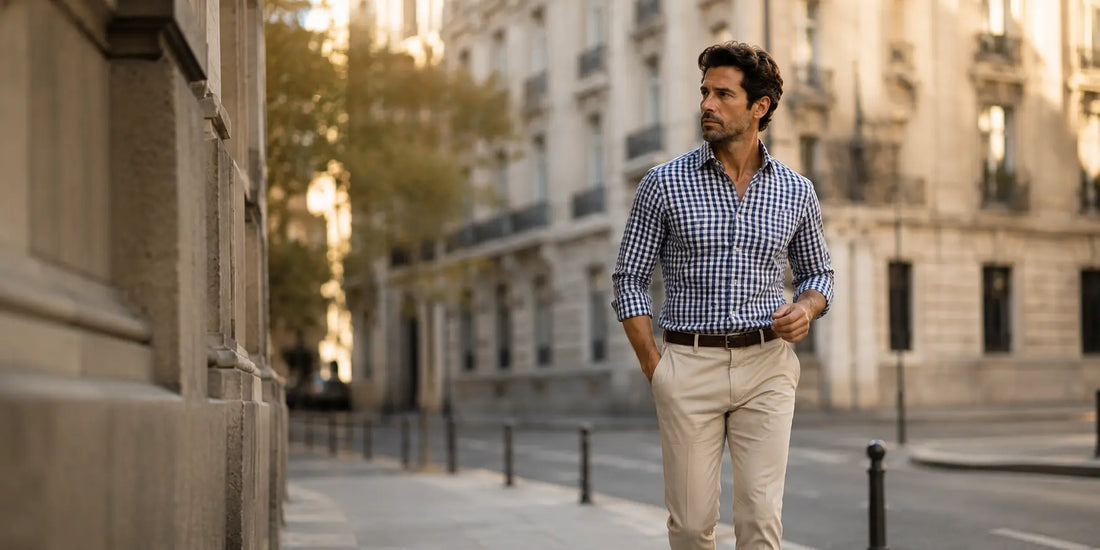 Hombre caminando por una calle europea con camisa de cuadros Vichy azul marino y pantalón beige en un entorno urbano elegante