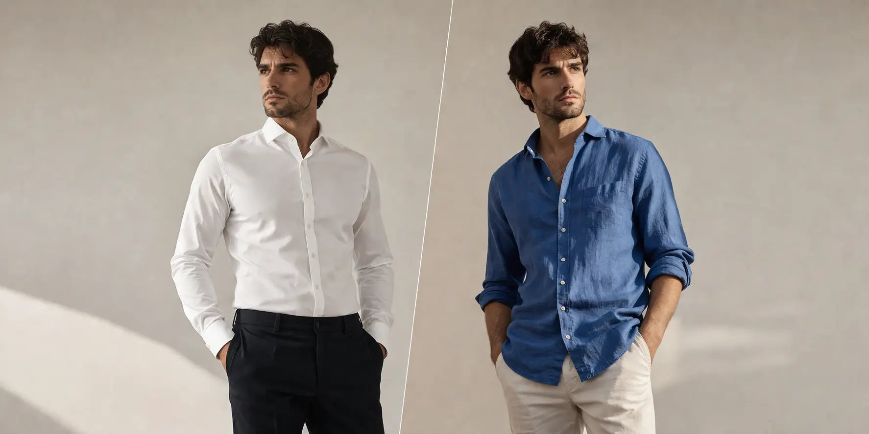 hombre comparando camisa formal y casual cómo elegir estilo masculino elegante y versátil