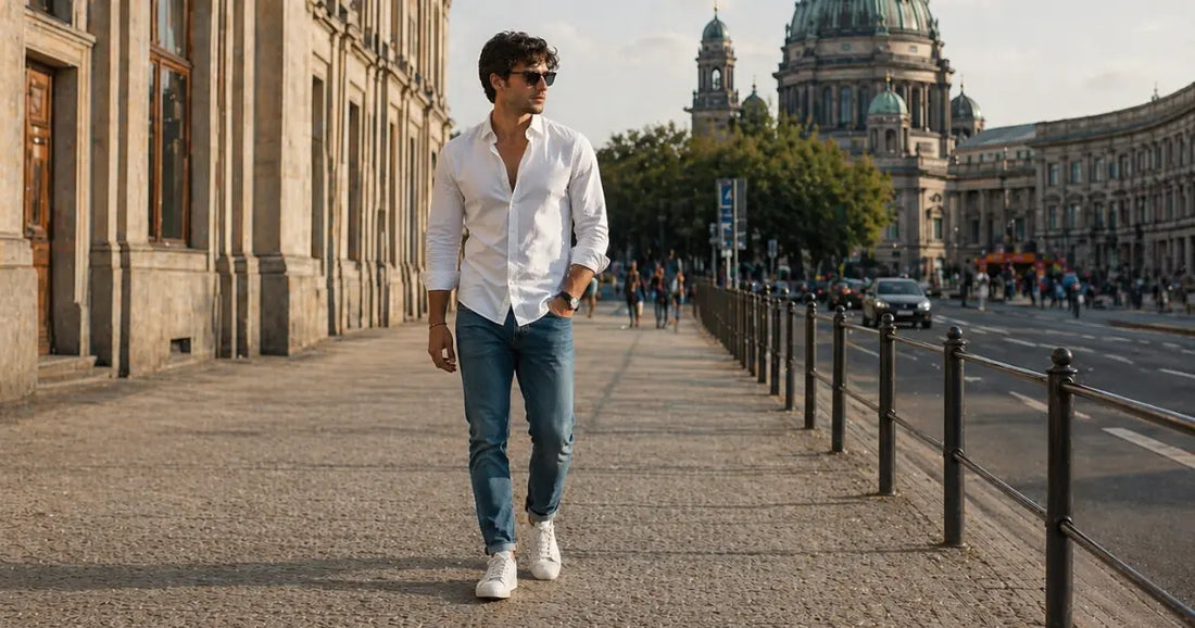 hombre con camisa blanca casual elegante combinada con vaqueros y zapatillas look diario fácil de llevar sin parecer formal