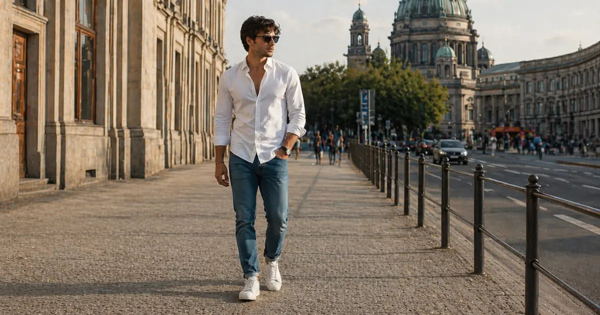 hombre con camisa blanca casual elegante combinada con vaqueros y zapatillas look diario fácil de llevar sin parecer formal