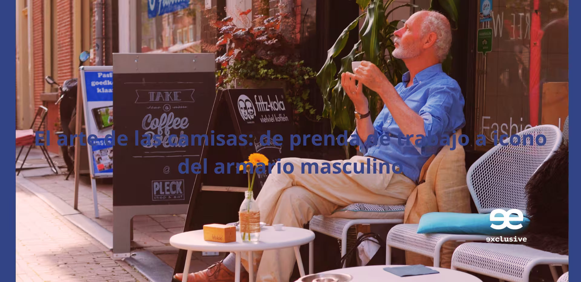 Hombre con camisa azul de estilo urbano sentado en terraza – EE Exclusive