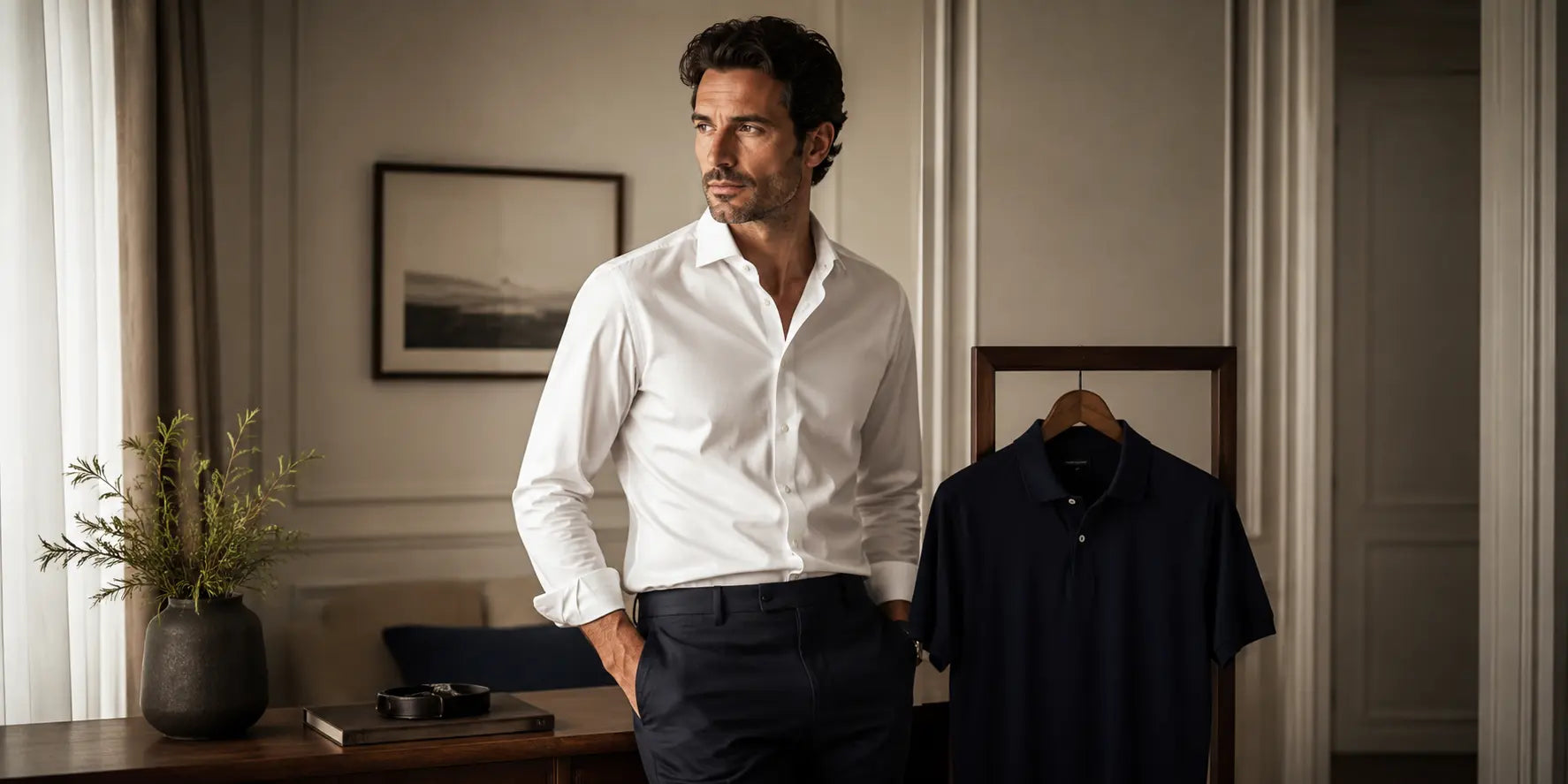Hombre elegante con camisa blanca junto a un polo azul marino en un ambiente interior sofisticado