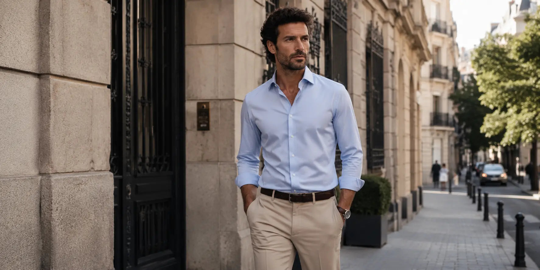 Hombre con camisa elegante y estilo urbano minimalista en un entorno sofisticado y natural
