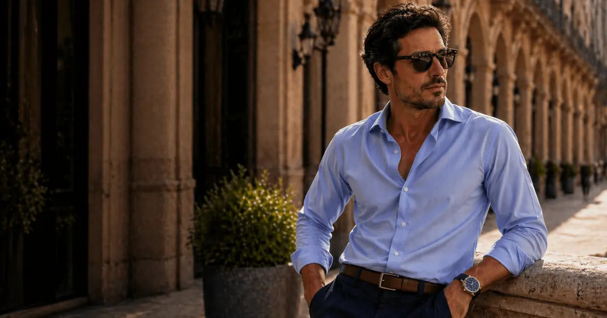 Hombre con camisa azul clara en un entorno urbano elegante representando la camisa como pieza clave del armario masculino