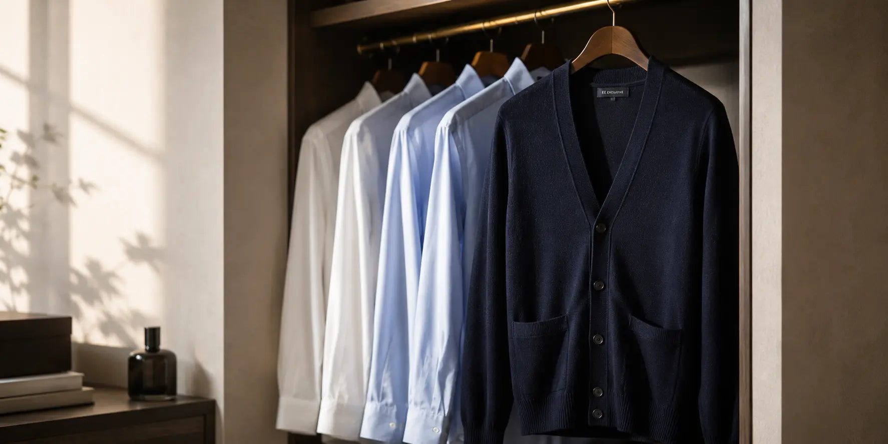 Cárdigan azul marino combinado con camisas elegantes en un armario masculino de estilo atemporal y sofisticado.