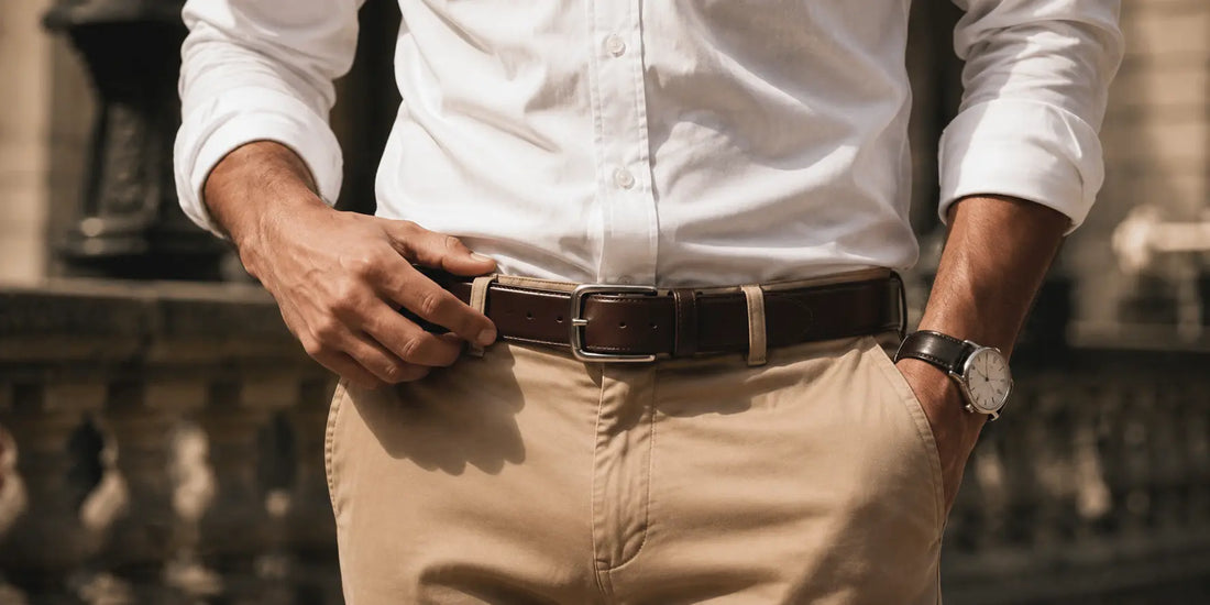 Primer plano de cinturón masculino elegante en un outfit urbano sofisticado