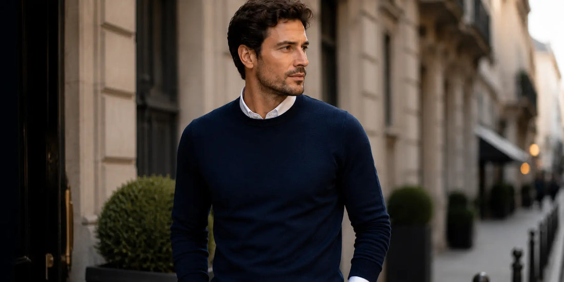 Hombre elegante con jersey azul marino en un look masculino sofisticado y minimalista