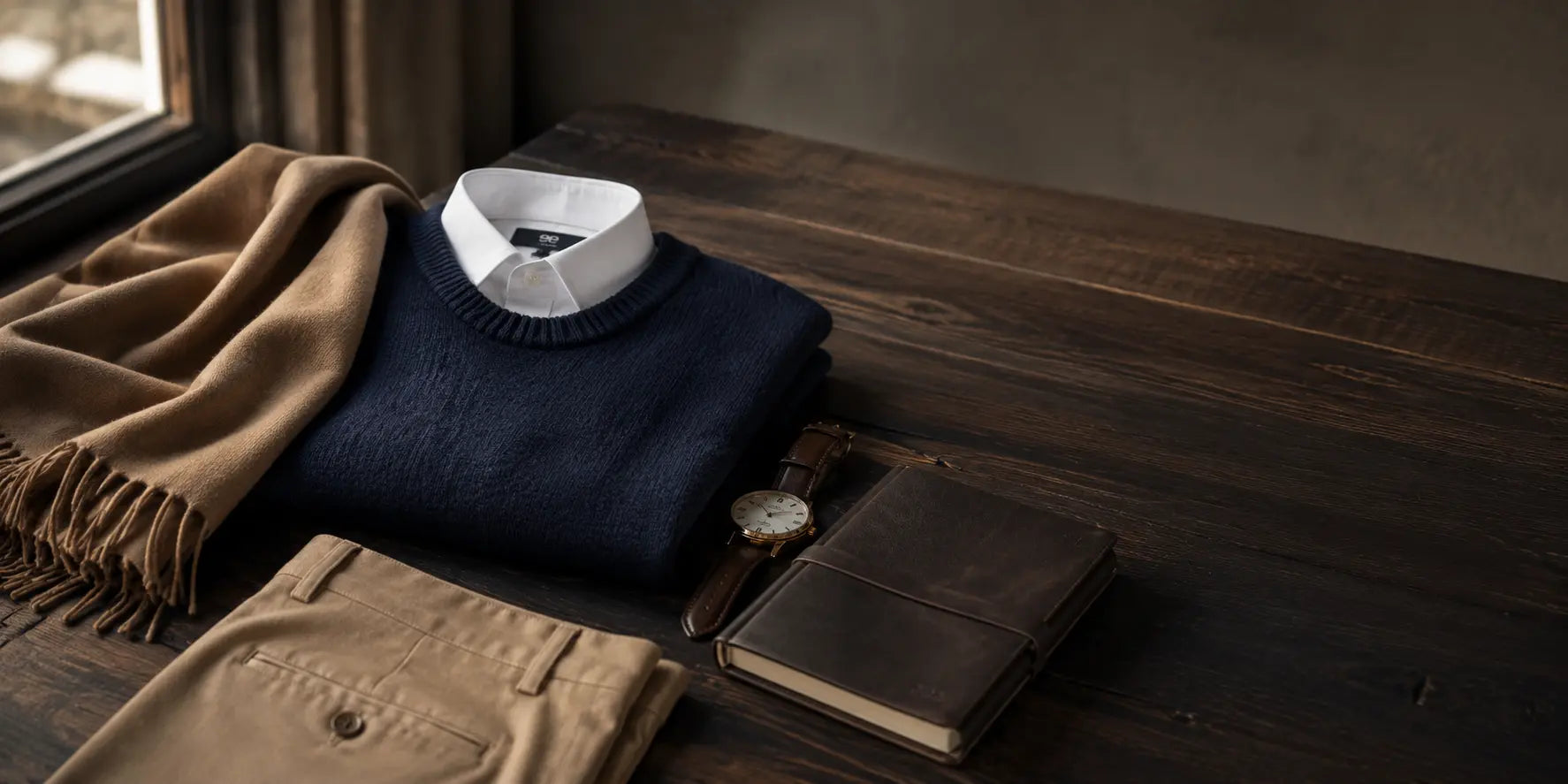 Prendas en tonos neutros para hombre combinadas sobre una mesa elegante durante el invierno