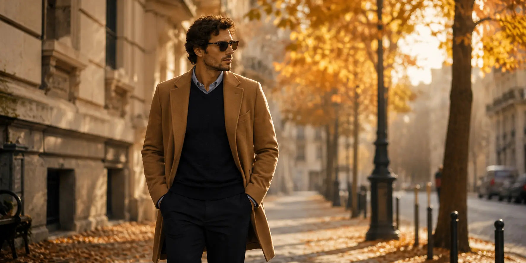 Hombre con abrigo camel y jersey azul marino caminando en una calle europea otoñal con estilo masculino elegante y natural