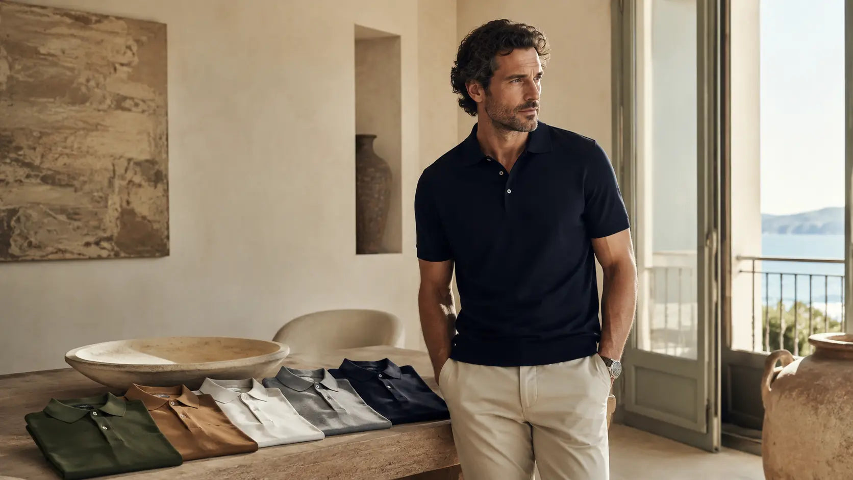 Hombre con polo azul marino y pantalón claro junto a varios polos de colores básicos en un interior mediterráneo elegante