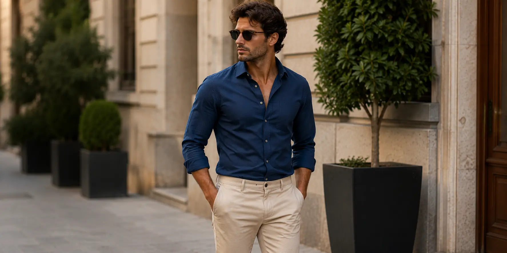 Hombre con camisa azul y pantalón beige en un outfit masculino elegante y equilibrado