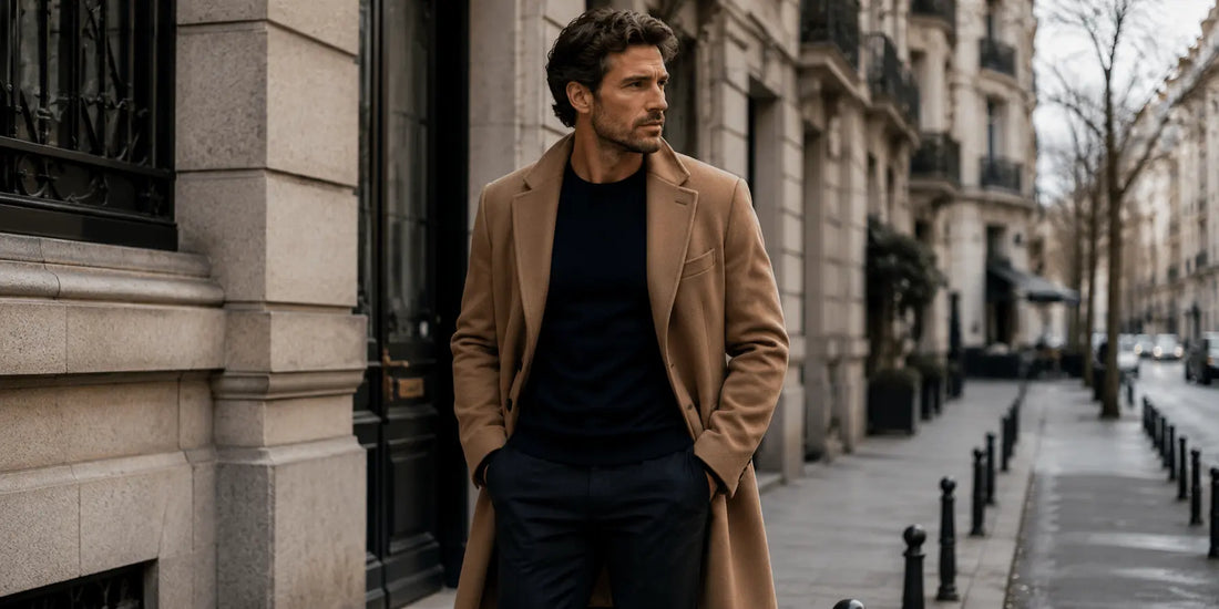 Hombre con jersey oscuro y abrigo camel en un look masculino elegante de invierno