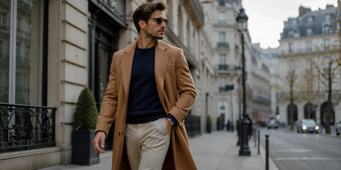 Hombre con jersey azul marino, pantalón beige y abrigo camel en un look masculino elegante y urbano en ciudad europea