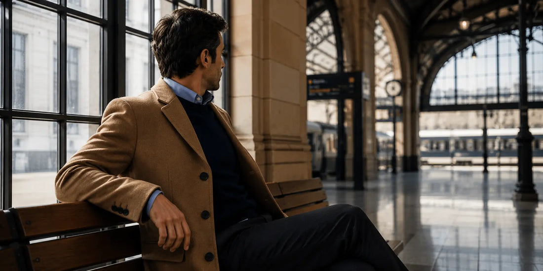 Hombre combinando camisa y jersey de punto fino en una estación elegante