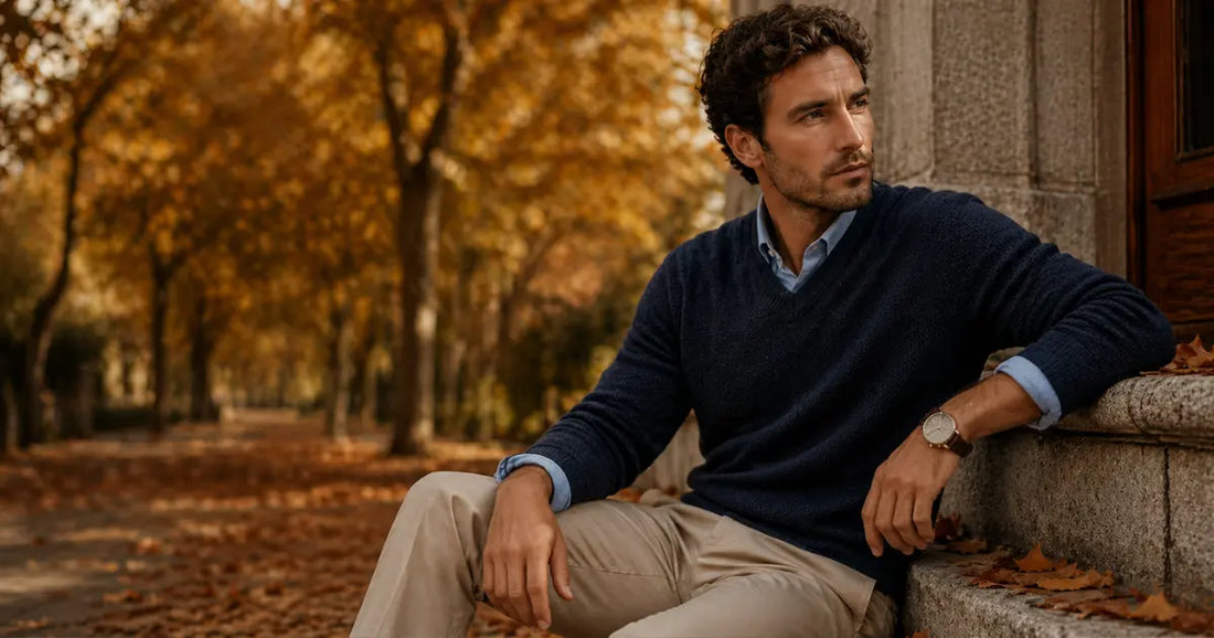 Hombre con look elegante de moda masculina combinando diferentes texturas en una imagen editorial premium de EE Exclusive