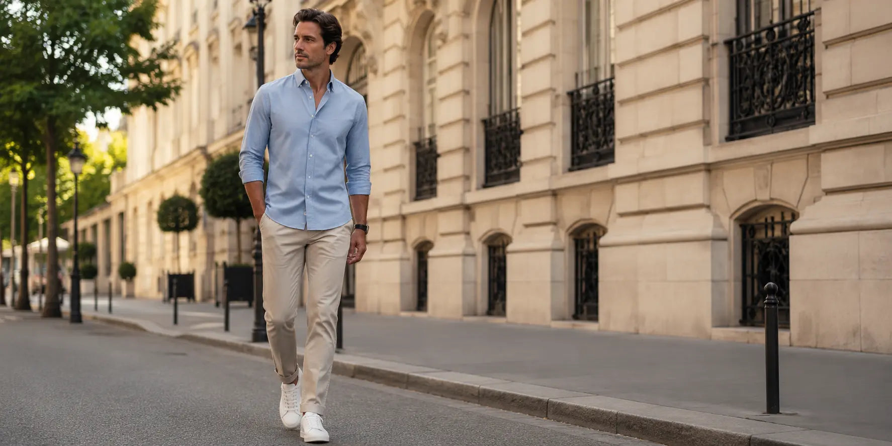 Hombre con camisa azul clara y pantalón beige en look elegante casual urbano