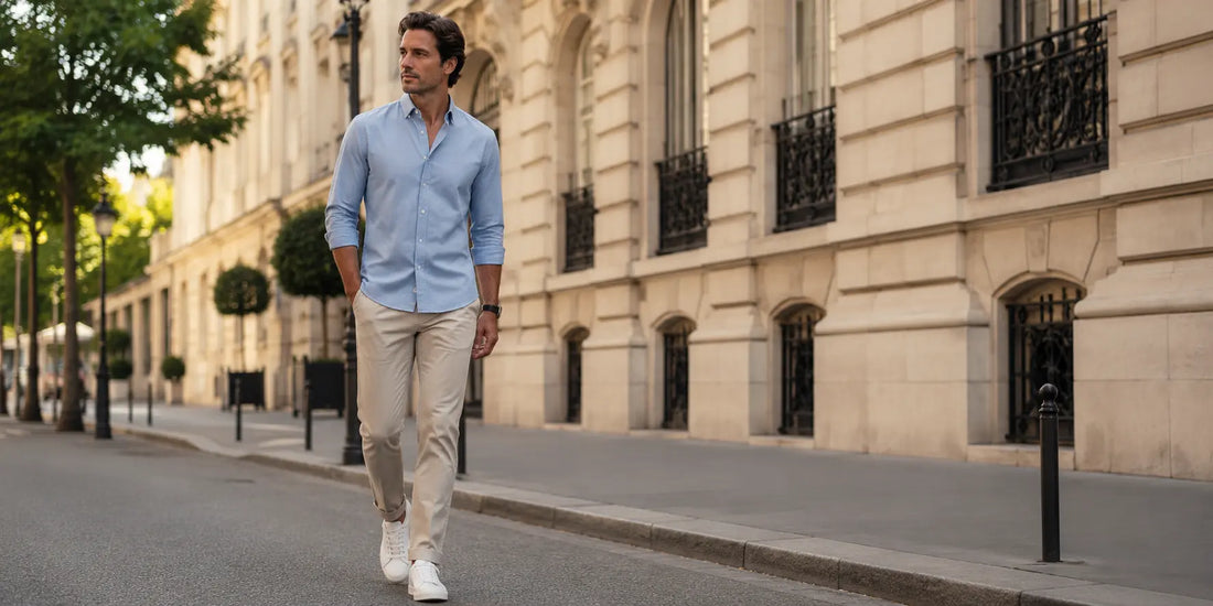 Hombre con camisa azul clara y pantalón beige en look elegante casual urbano
