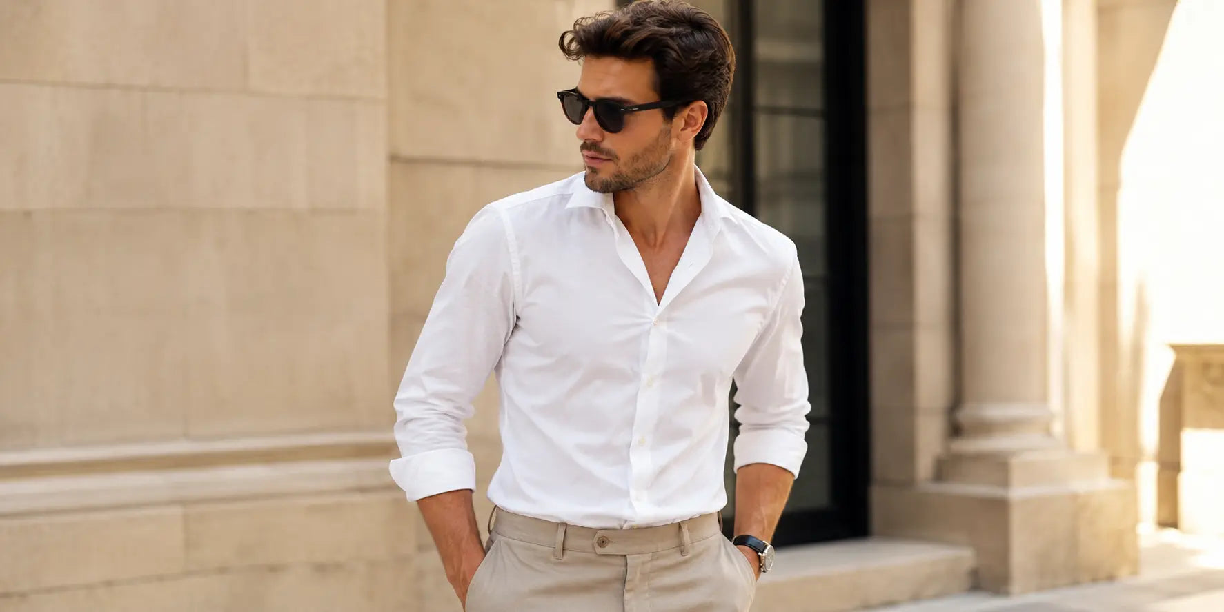 Hombre con camisa blanca combinada con pantalón elegante en un look masculino limpio y fácil de llevar