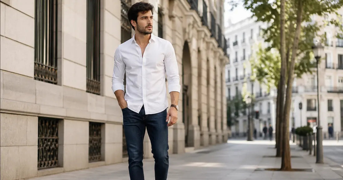 Hombre con camisa blanca y vaqueros oscuros en un look masculino elegante y urbano fácil de combinar