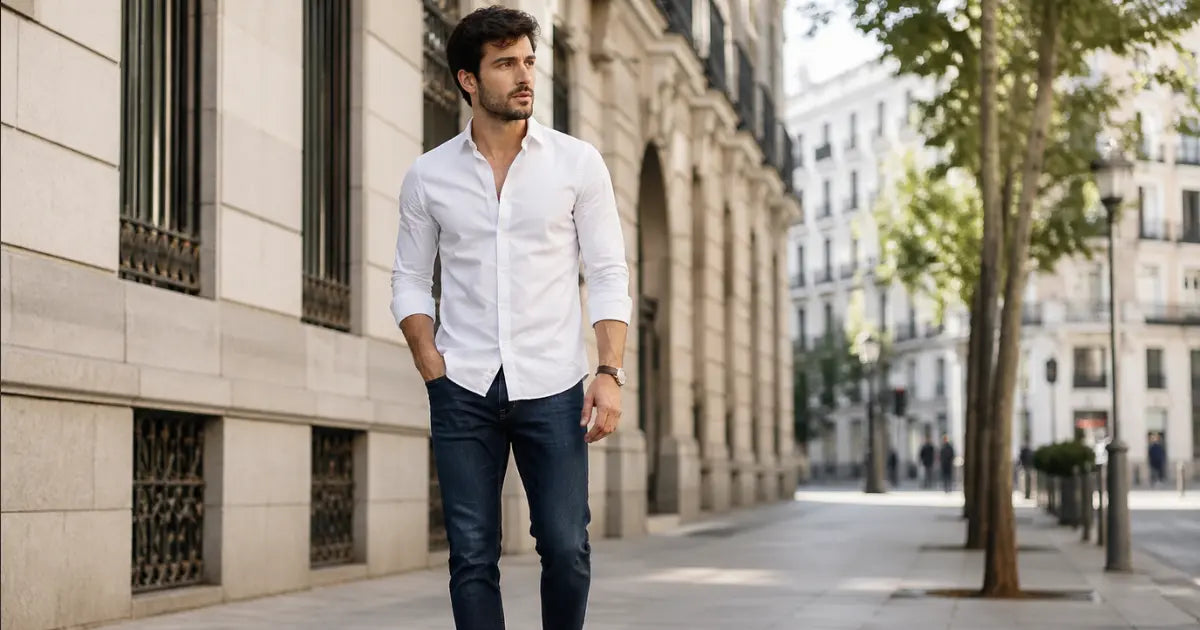 Hombre con camisa blanca y vaqueros oscuros en un look masculino elegante y urbano fácil de combinar