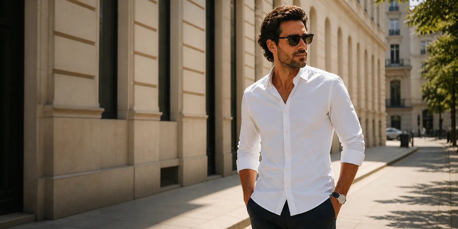 hombre con camisa blanca elegante en ciudad cómo elegir camisa de hombre según estilo y acertar fácilmente