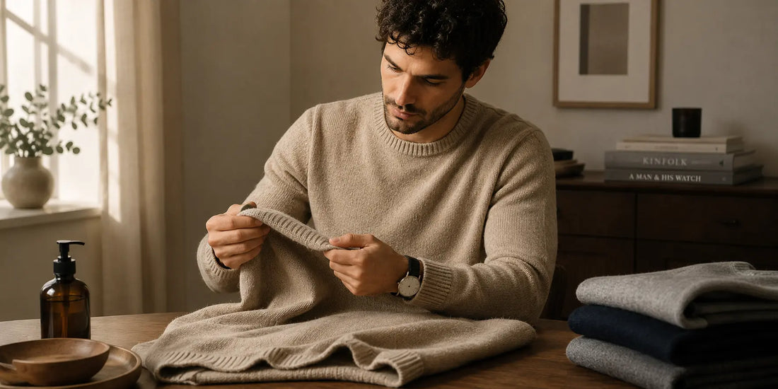 Hombre cuidando un jersey beige para evitar que encoja y mantener su forma original