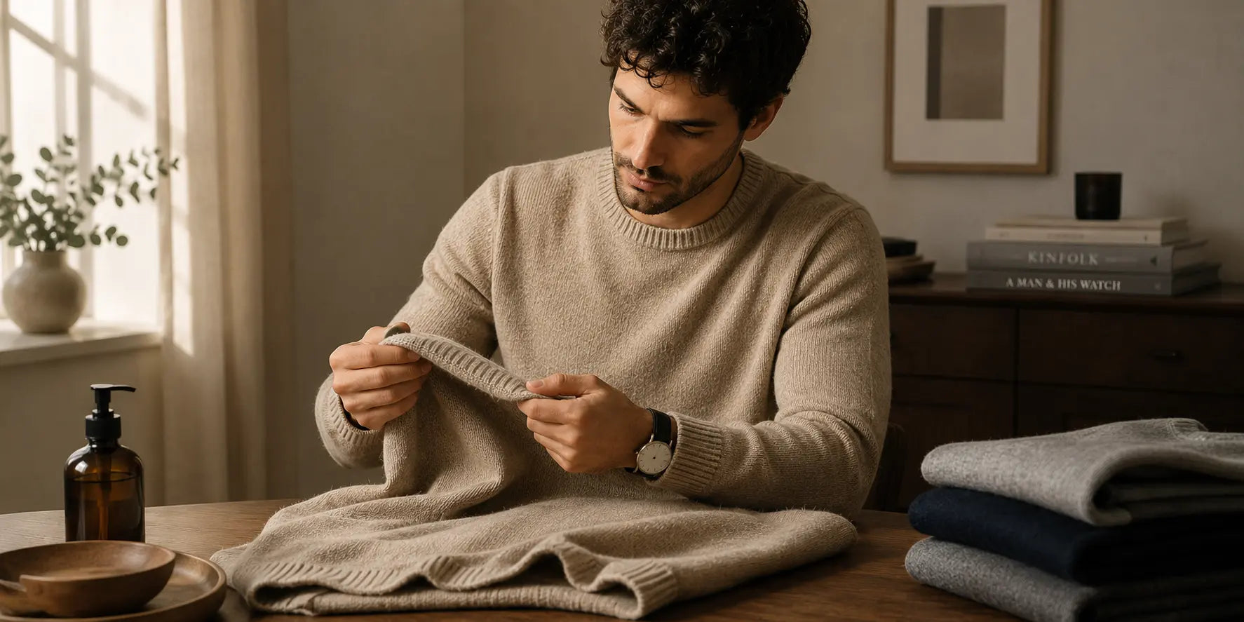 Hombre cuidando un jersey beige para evitar que encoja y mantener su forma original