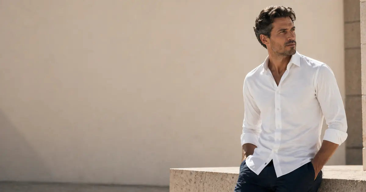 Hombre con camisa blanca y pantalón oscuro en un look masculino elegante y minimalista de estilo urbano sofisticado