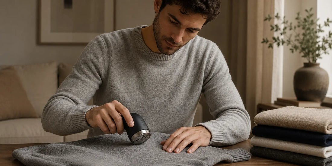 Hombre quitando bolitas de un jersey gris con cuidado para mantener la prenda como nueva