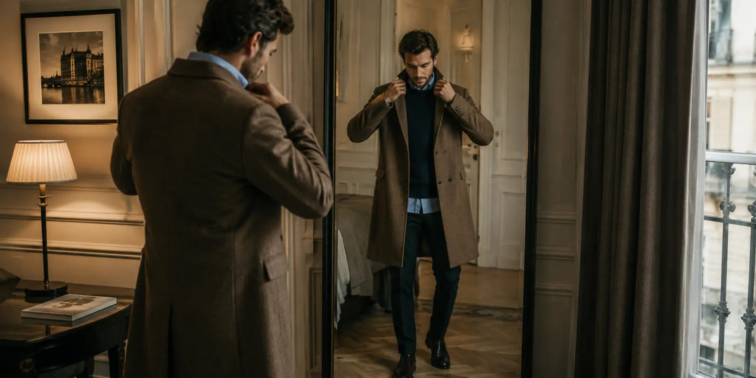 Hombre elegante vistiendo varias capas en otoño e invierno con estilo sofisticado