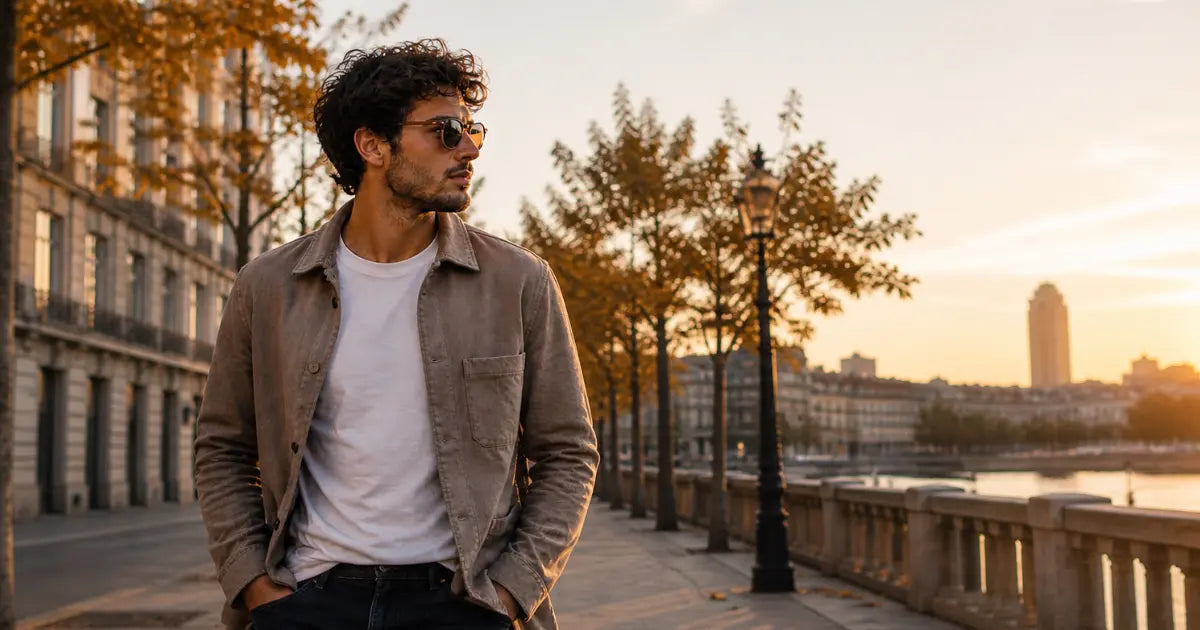 Hombre con look masculino de entretiempo caminando junto al río al atardecer con un estilo elegante y relajado para otoño urbano