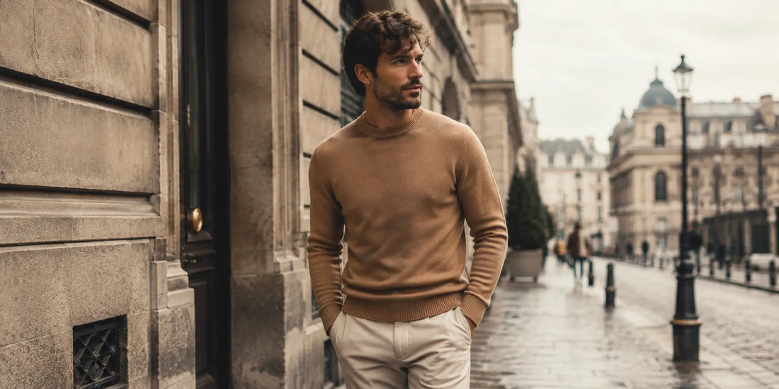 Hombre con jersey elegante caminando por una calle europea con estilo masculino sofisticado