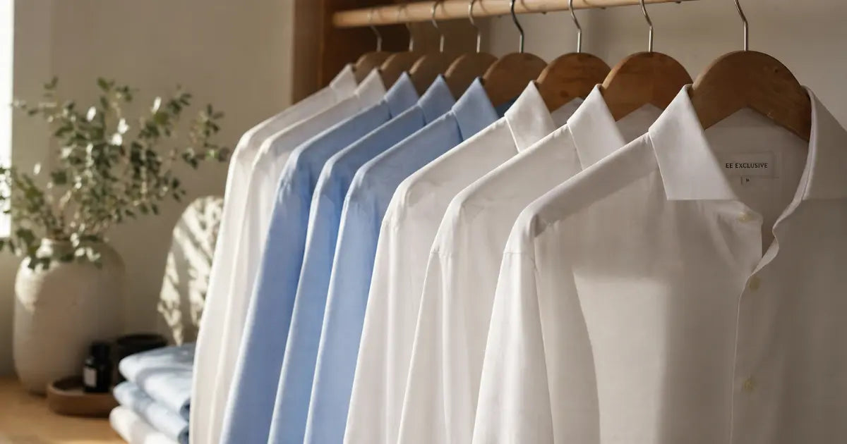 Camisas blancas y azules de estilo masculino premium colgadas en un perchero, representando el cuidado de prendas y la compra responsable